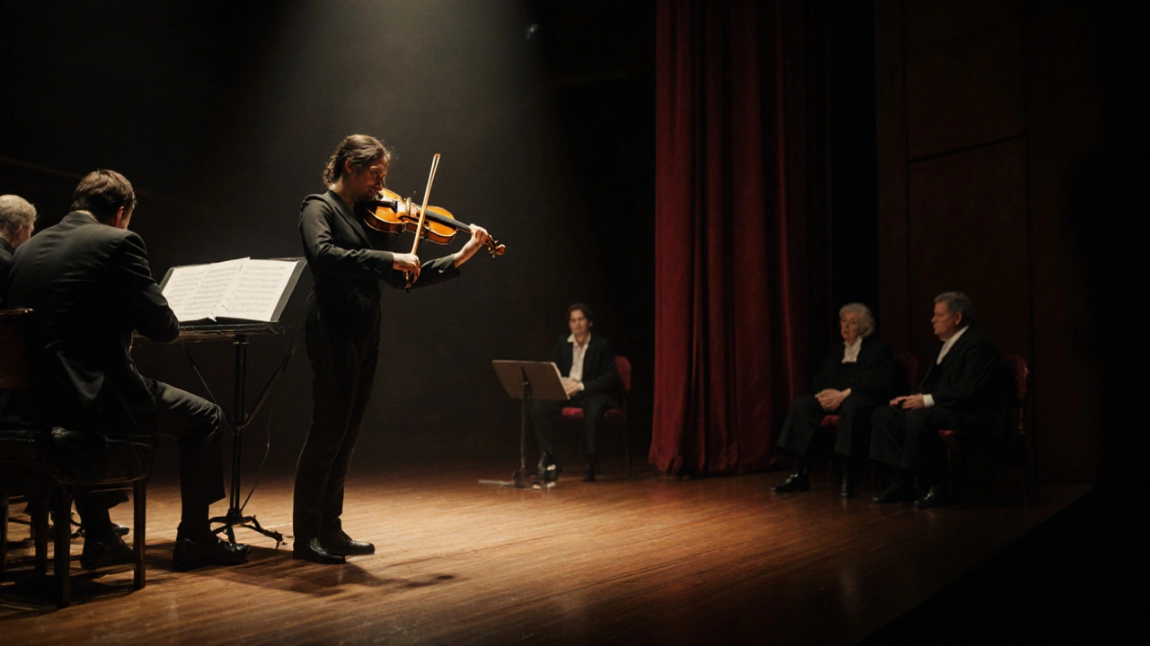 A violinist performs under a spotlight at Juilliard, trembling but focused, tears glistening.