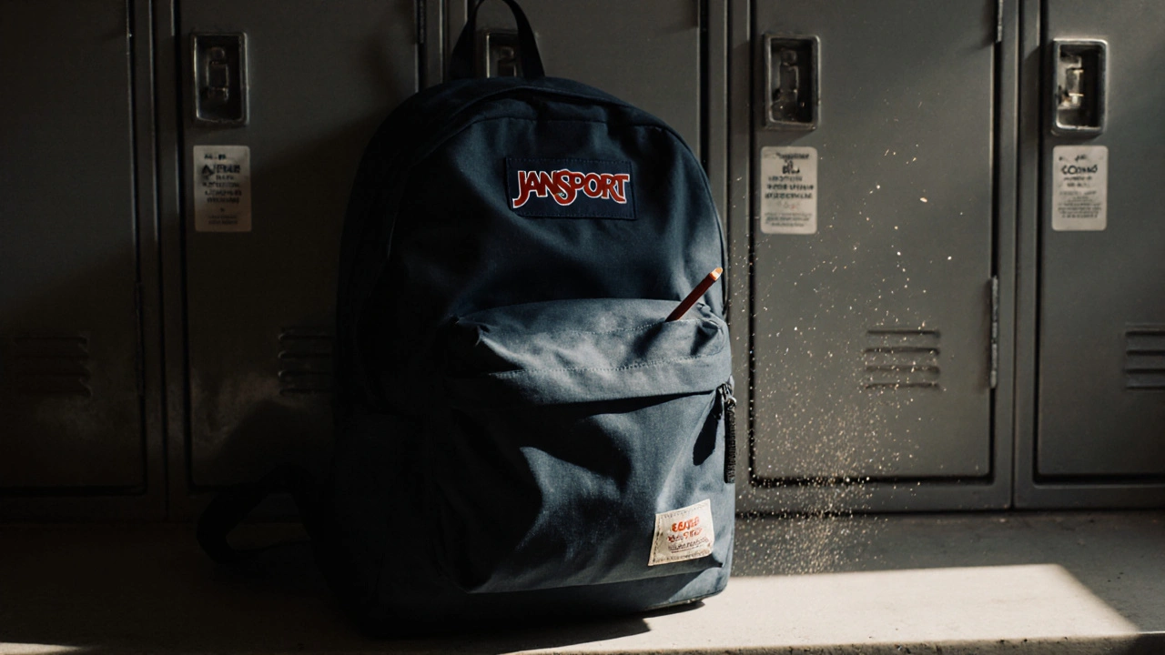 A well-worn JanSport SuperBreak backpack on a locker shelf, simple and durable, with a pencil sticking out of the front pocket.