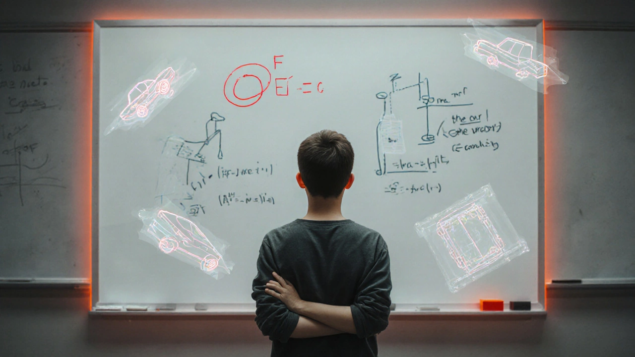 A whiteboard covered in physics equations with floating conceptual icons, a student looking confused.