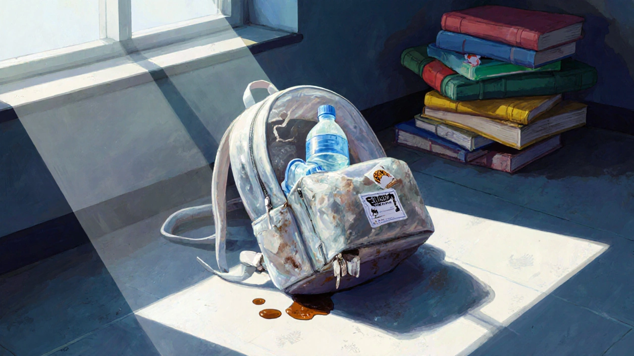 A worn clear backpack on a classroom floor with visible stains, broken zipper, and dust, compared to durable backpacks nearby.