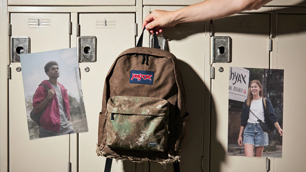 A worn JanSport SuperBreak backpack hanging from a locker, symbolizing years of use.