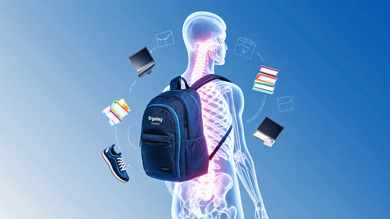 Anatomical illustration of a spine supported by an ergonomic backpack, with weight flowing evenly to the hips, symbolizing posture health.