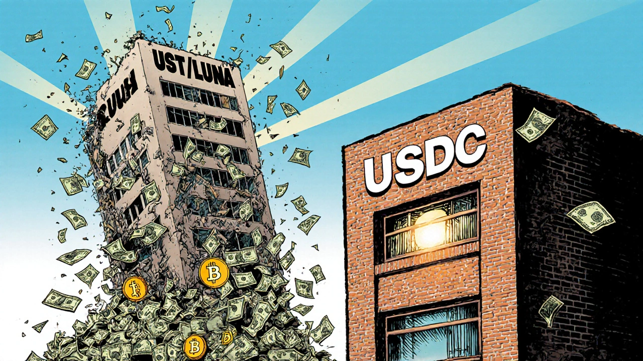 Collapsing UST tower versus sturdy USDC building under regulatory light in cartoon style.