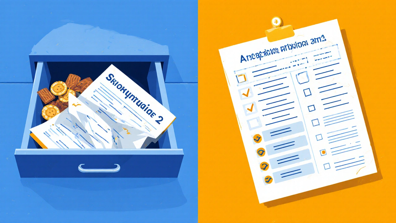 Contrasting images of a neglected study guide versus an actively used, annotated version.