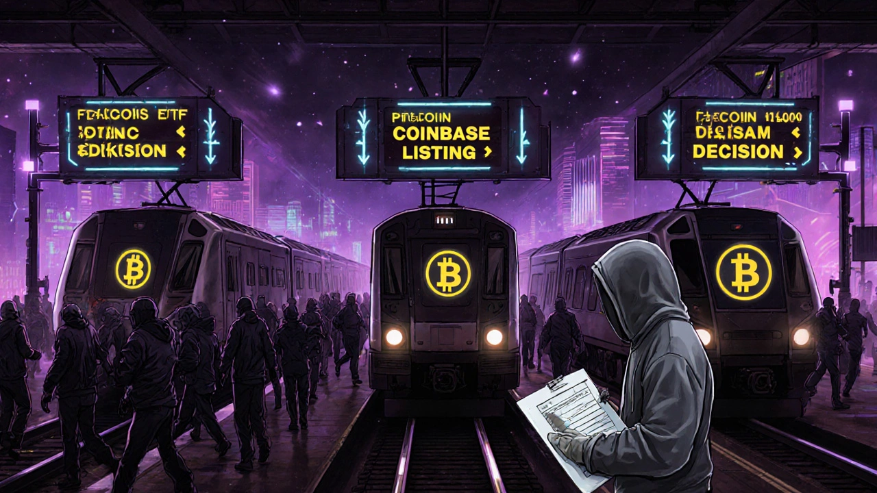 Cyberpunk train station with labeled trains representing major crypto market events, one calm trader waiting amid a rushing crowd.