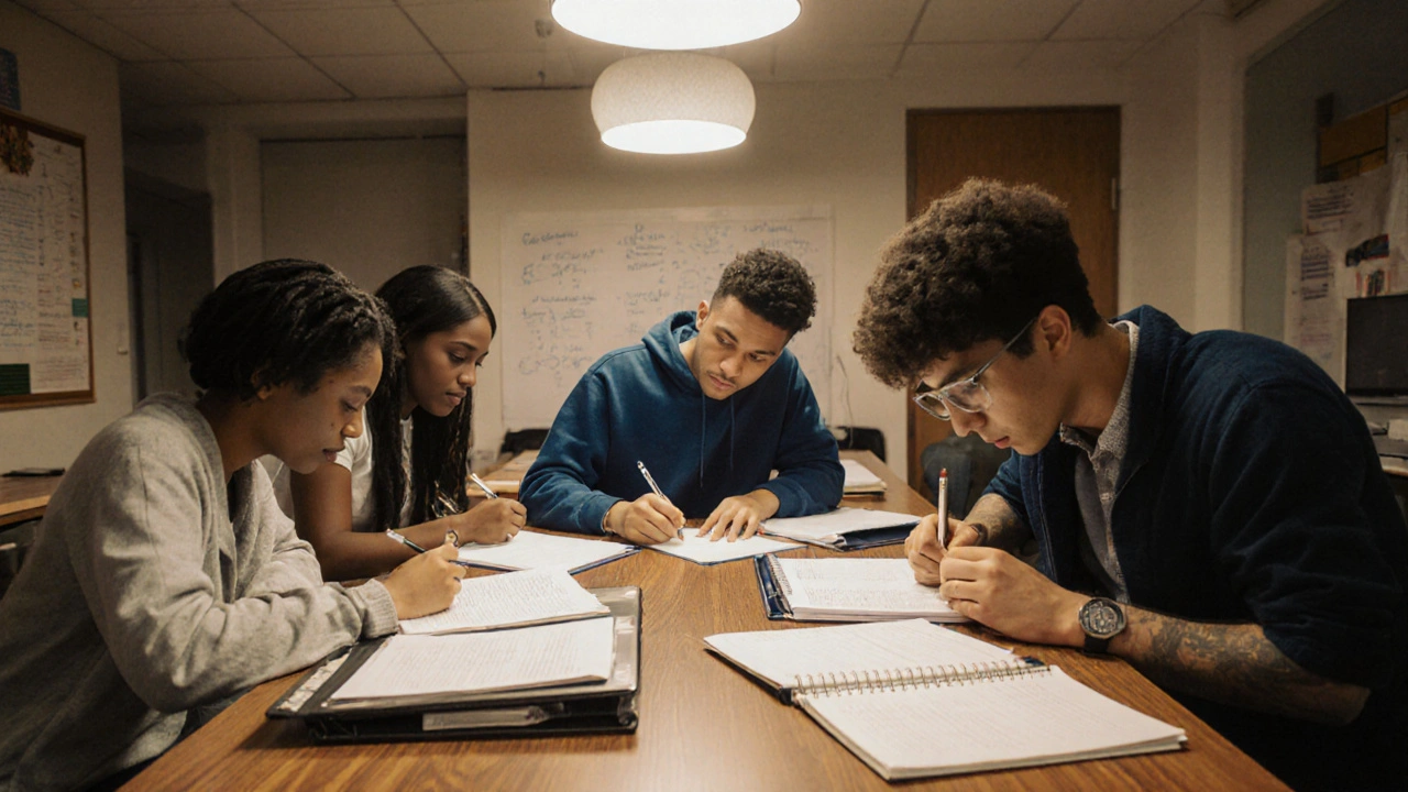 Diverse students collaborating during guided study, reviewing essays and solving math problems.