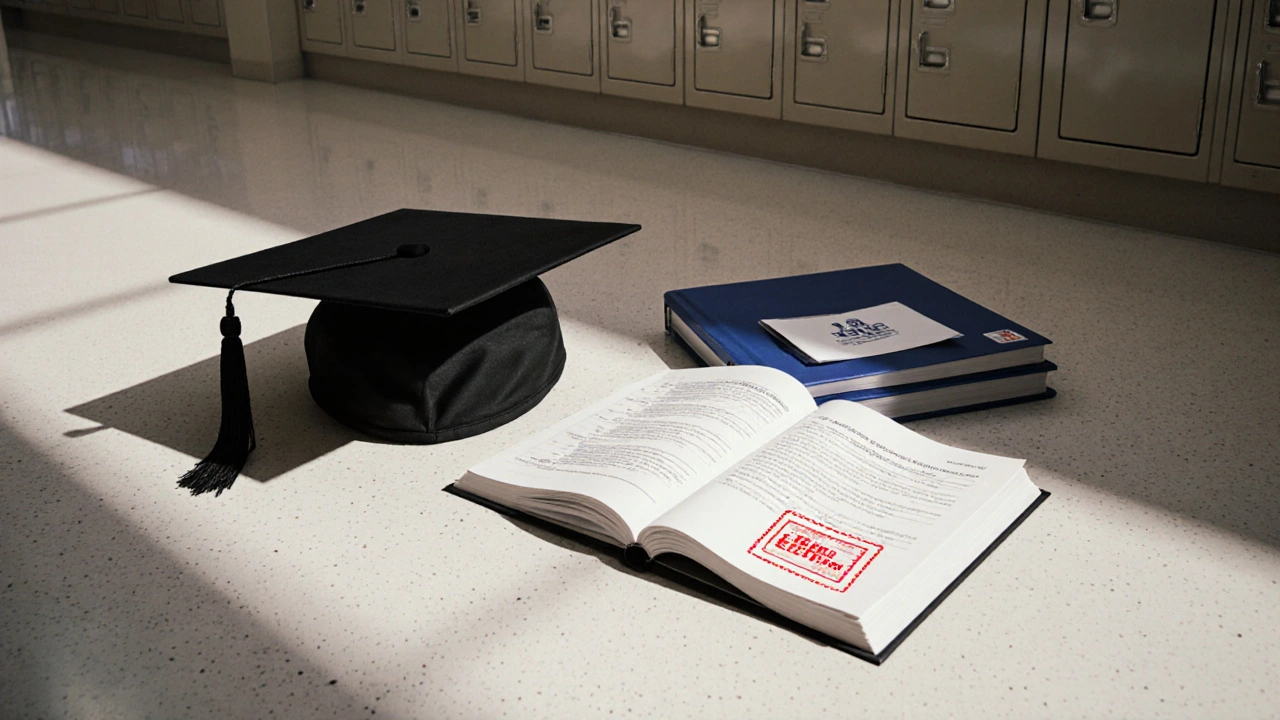 Graduation cap on voter registration form beside yearbook in empty school hallway.