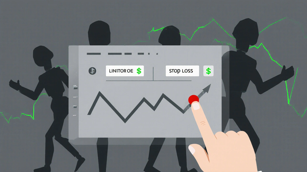 Hand placing limit orders on a digital trading interface with a blinking stop-loss icon, abstract AI bots in the background.