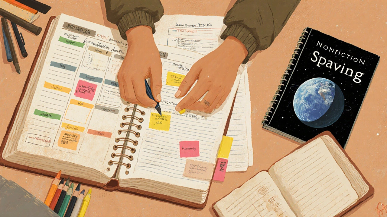 Hands organizing color-coded notes and planner during quiet study hall time.