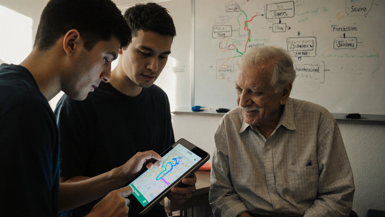 High school students demonstrating a bus route app for seniors in their community.