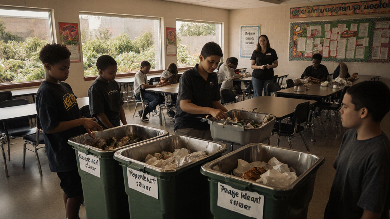 High school students sorting lunch waste into compost and recycling bins in a cafeteria with a garden outside.
