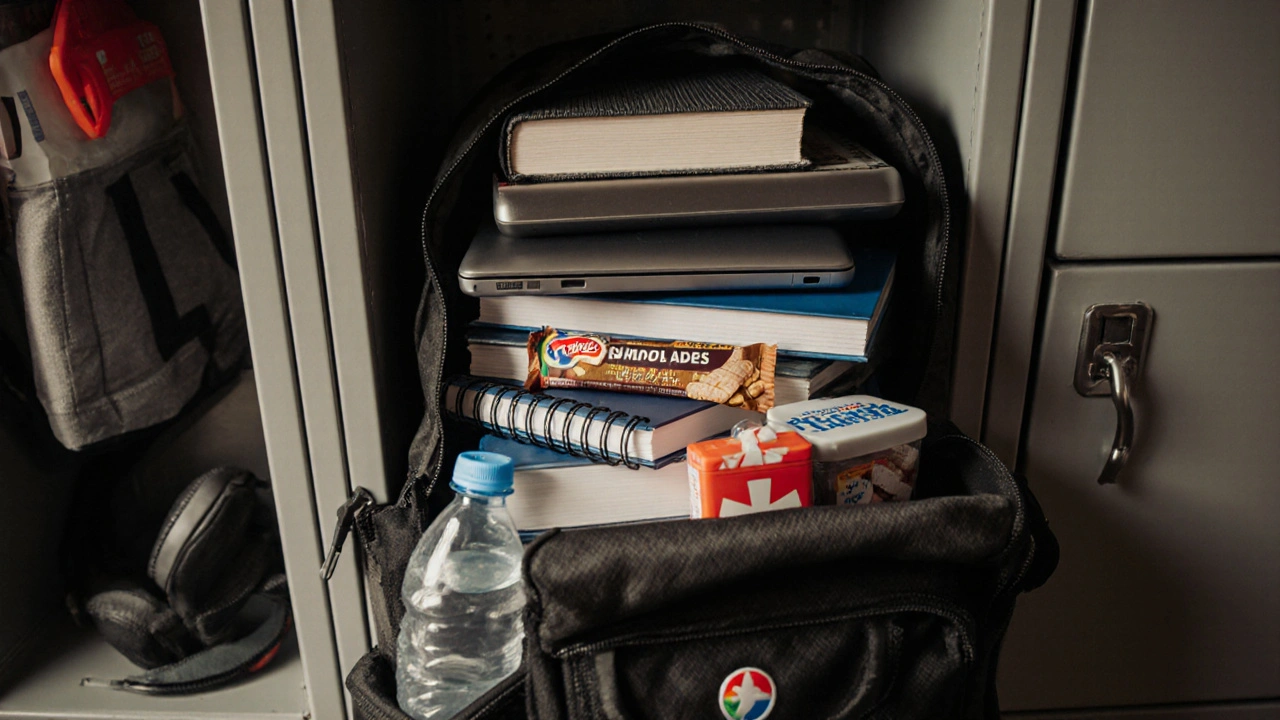 Open backpack on a locker shelf filled with textbooks, Chromebook, notebooks, snacks, and first-aid items.