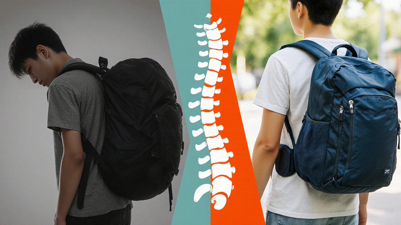 Split image contrasting a painful, overloaded backpack on one side and an ergonomic, well-fitted pack on the other.