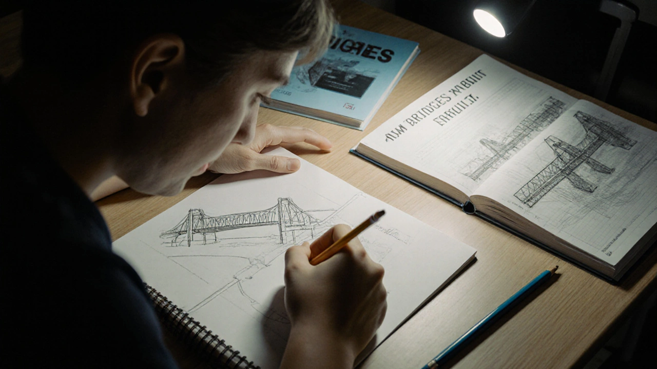 Student sketching a bridge design in notebook while studying during study hall.
