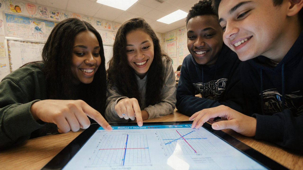 Students interacting with a tablet showing dynamic algebra graphs in a brightly lit classroom.
