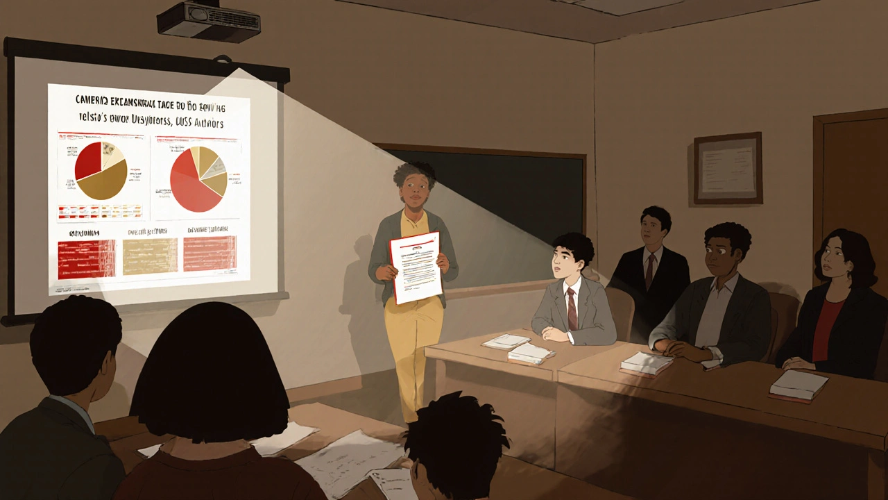 Teen presenting library book proposal to school board, classmates listening intently.