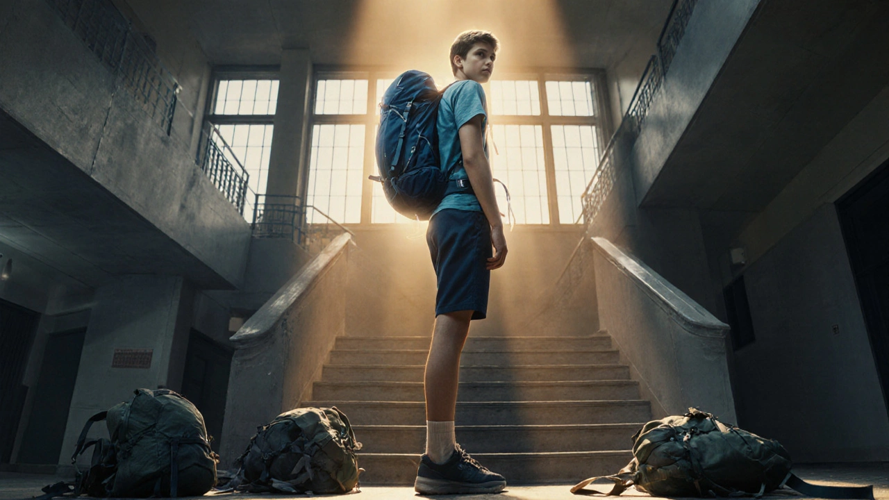 Teen wearing an ergonomic backpack standing on stairs as the bag glows weightless, symbolizing comfort and relief.