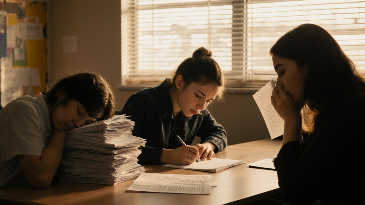 Three high school students experiencing different struggles with AP coursework during school hours.