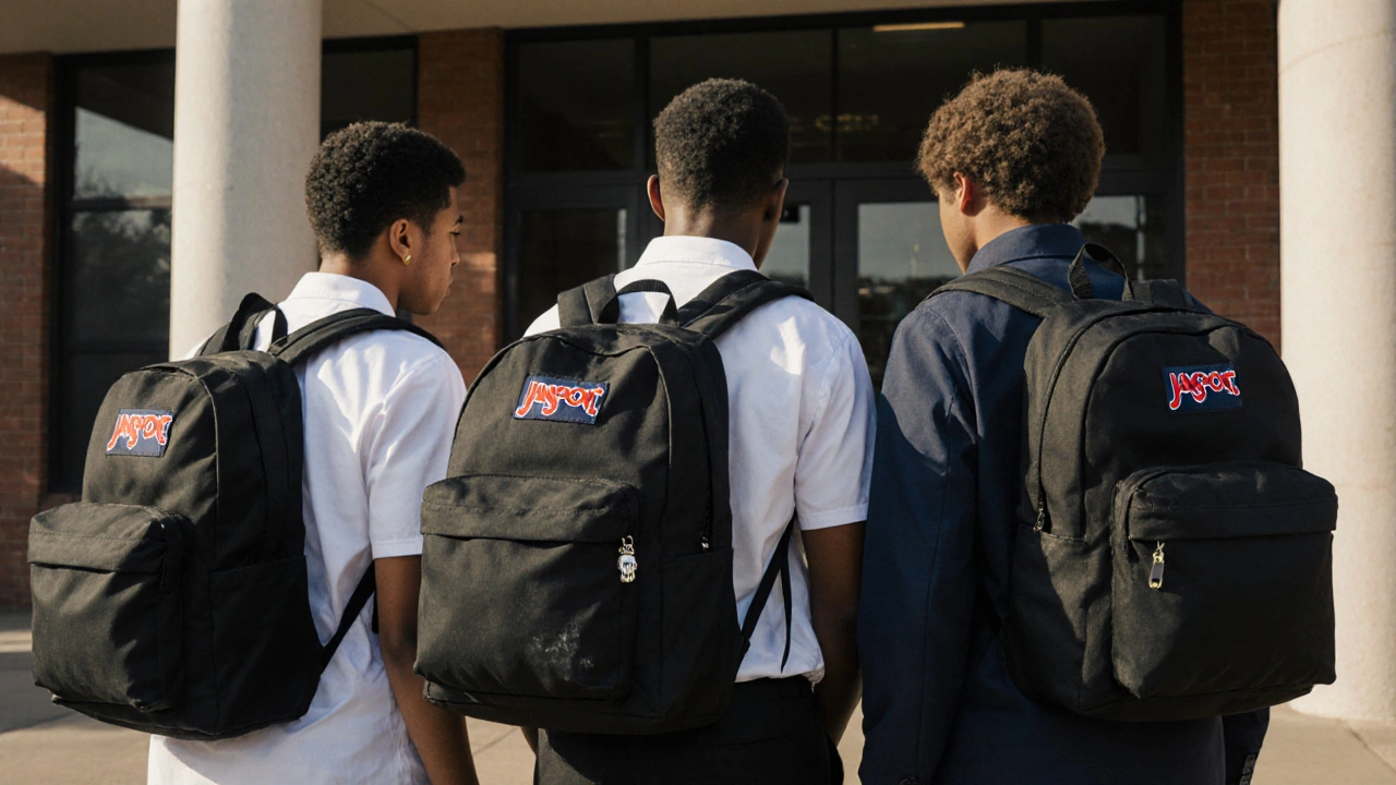 Three teens with black backpacks, one with a small charm pinned to it.