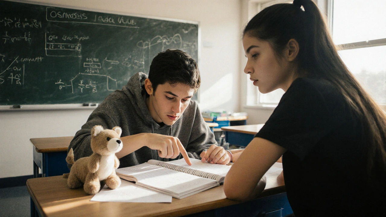 Two students discussing a biology concept from a study guide while explaining to a stuffed animal.