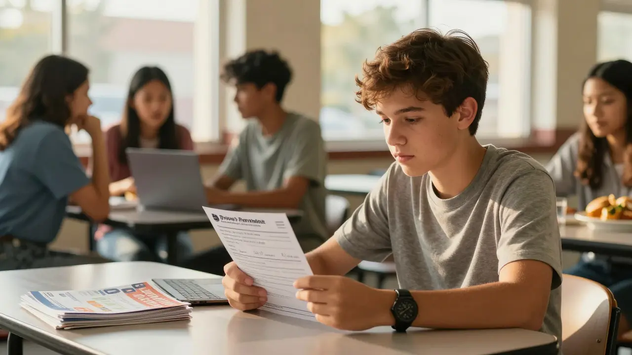 15-year-old senior sitting alone at cafeteria table with driver's permit and college brochures