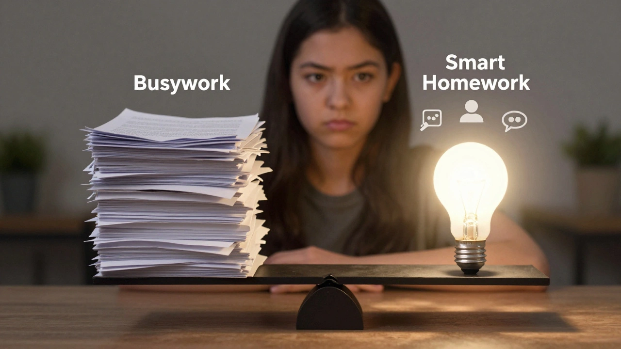 A balanced scale with heavy worksheets on one side and a glowing lightbulb labeled &#039;Smart Homework&#039; on the other.