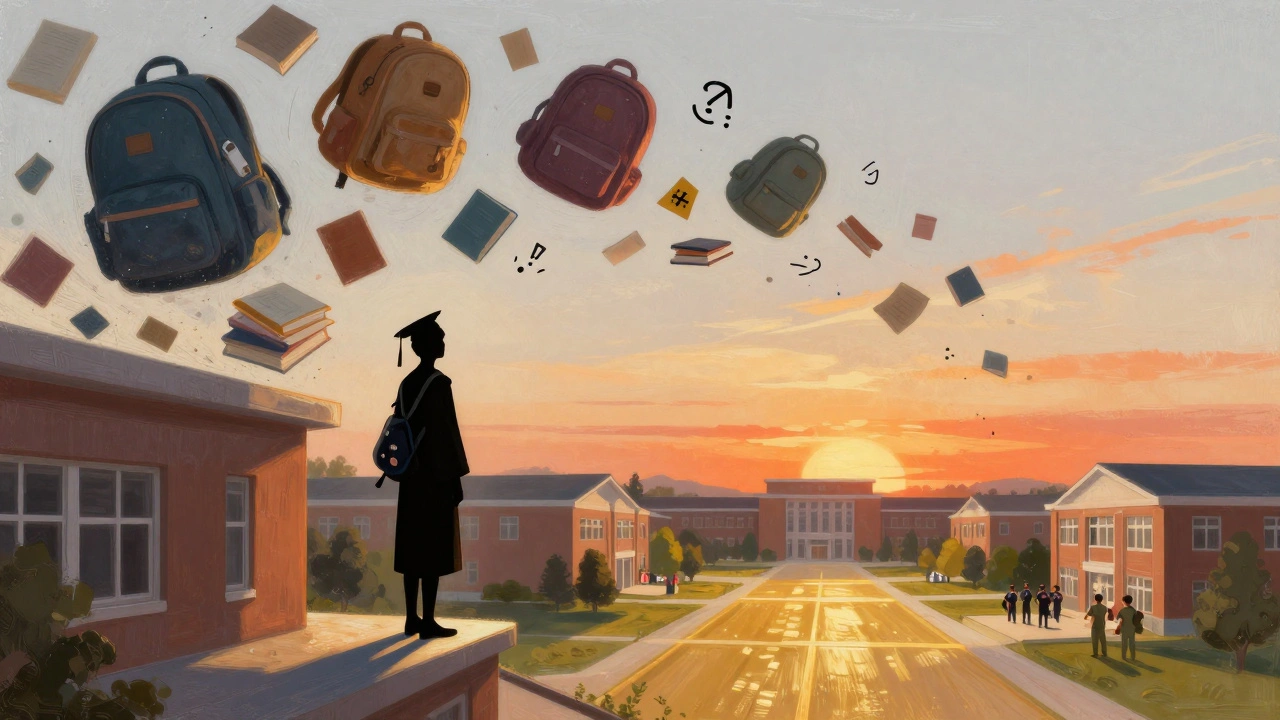 A graduating senior holds a tiny backpack as heavy ones fall away, leading toward a bright horizon.