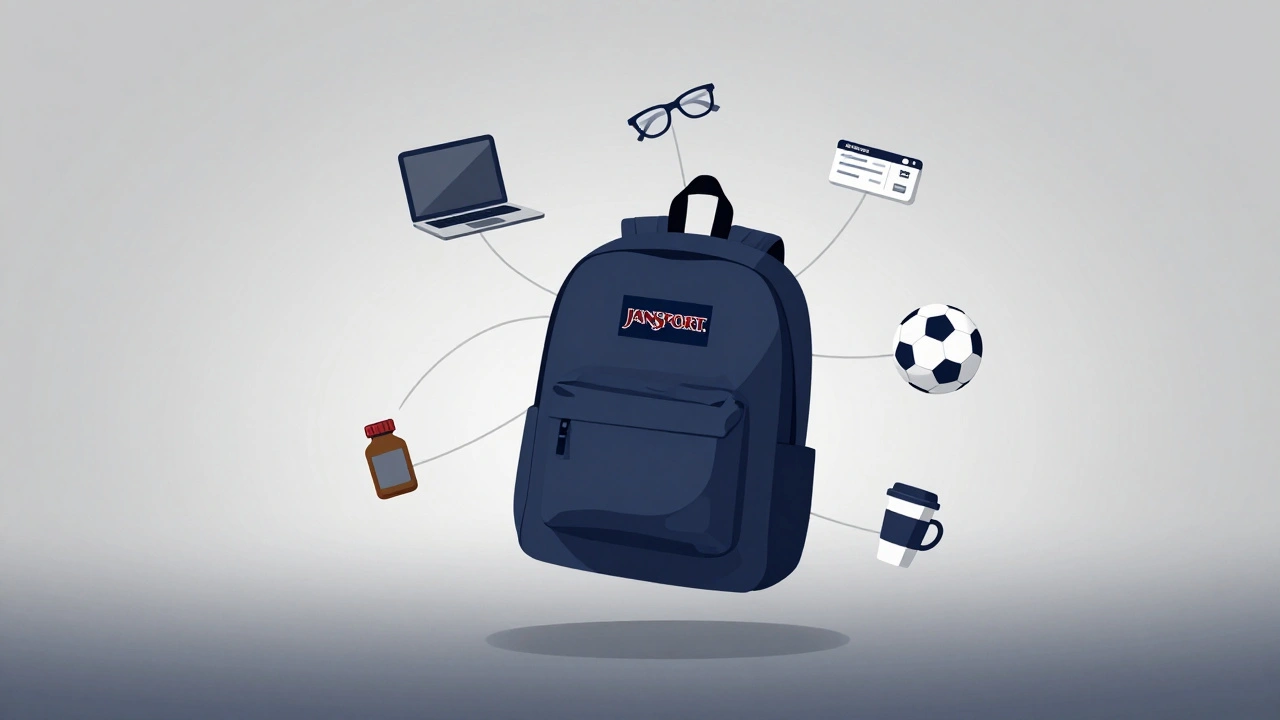 A JanSport backpack surrounded by symbols of adult life in minimalist style.