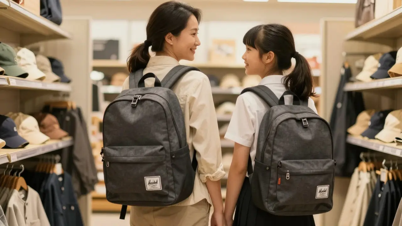 A mother and daughter holding identical Herschel backpacks in a store, showing generational connection.