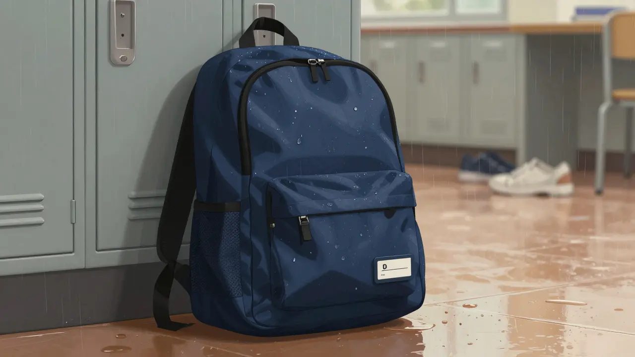 A navy blue backpack rests on a wet floor after rain, with a clearly visible name tag and minimal staining.