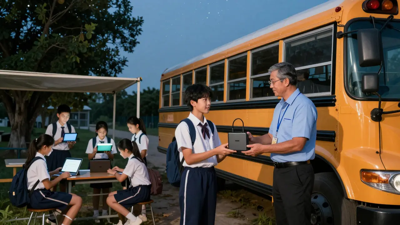 A rural student receives a mobile hotspot from school staff as peers learn outdoors using tablets under a tree.