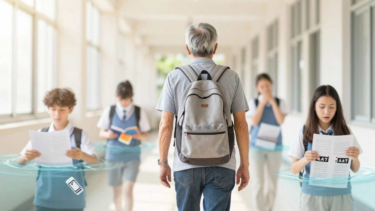 A senior walking forward as past struggles fade behind them in a glowing hallway.
