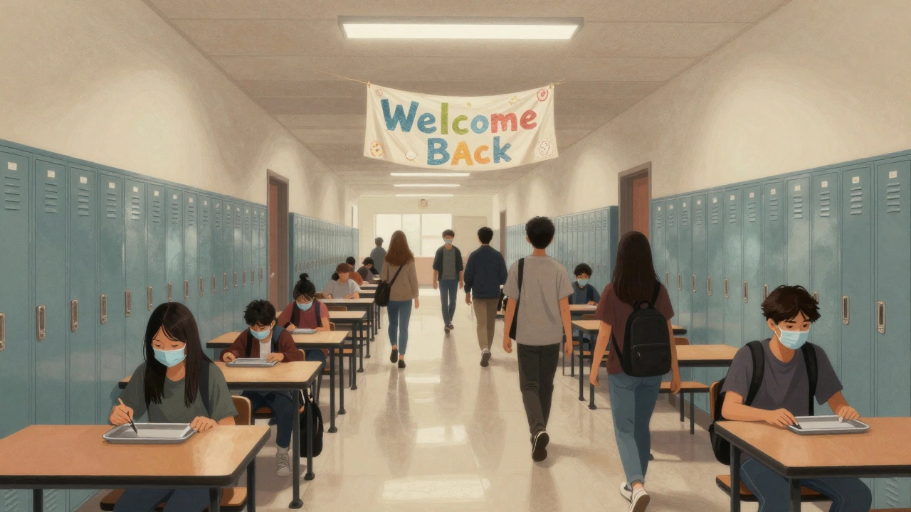 A silent, masked high school hallway in fall 2021, with closed lockers and untouched cafeteria trays.