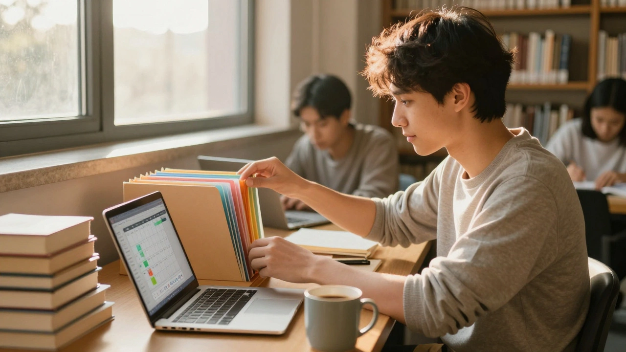 A sophomore organizing color-coded folders in a sunny library, calm and in control.