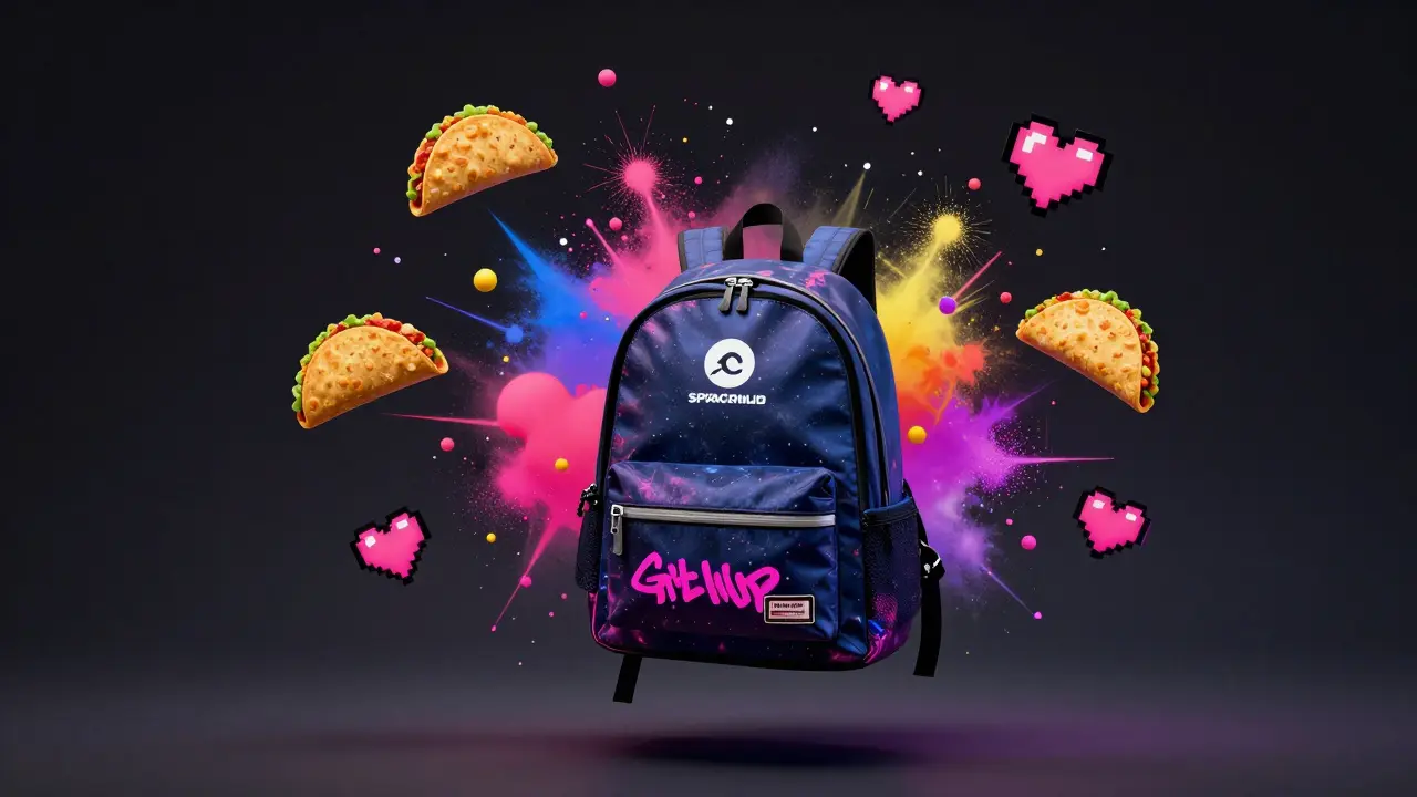 A Sprayground backpack floating mid-air, surrounded by neon memes and graffiti tags symbolizing youth culture.