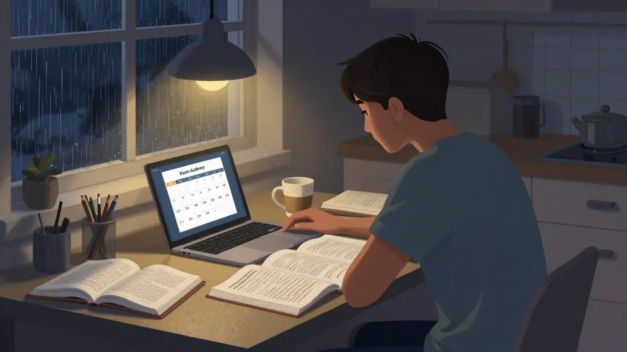 A student studying late at night with open books and a laptop, lit by a desk lamp during rain.