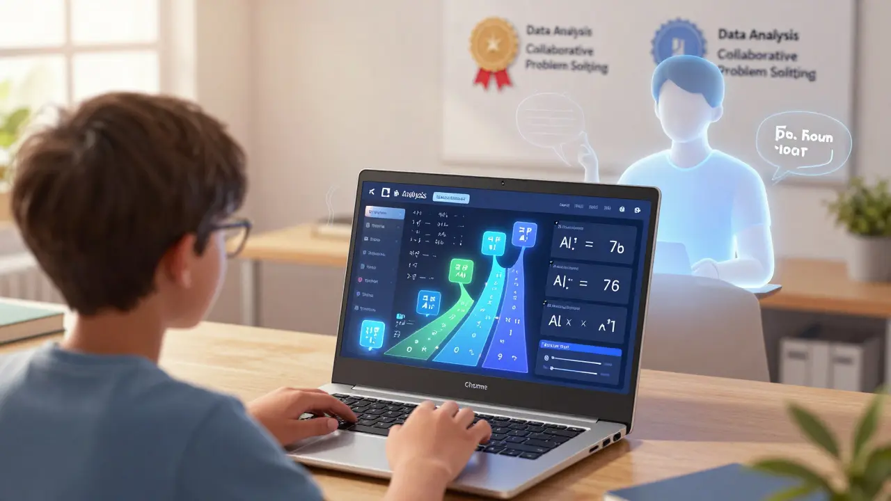 A student working on a personalized learning platform with AI guidance and digital badges displayed on screen.