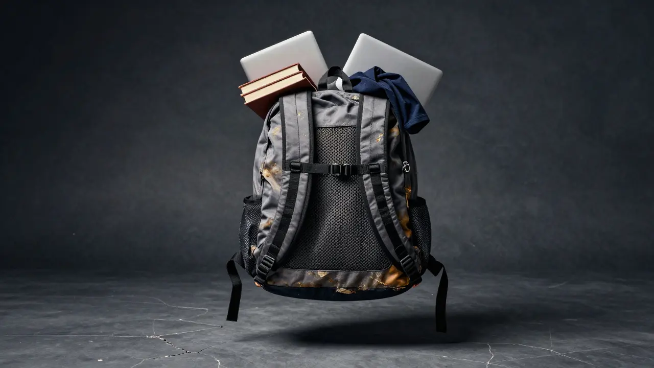 A sturdy backpack suspended above a broken one, illustrating long-lasting quality versus cheap failure.
