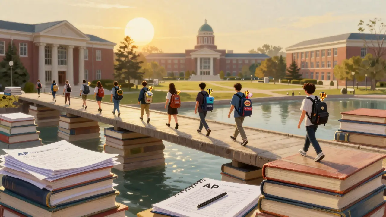 A symbolic bridge made of academic materials leading from high school to university under a rising sun.