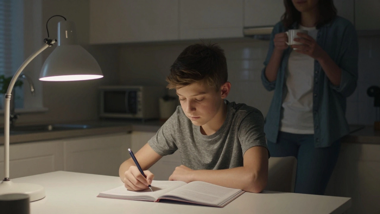 A teen does homework at night with a parent nearby in quiet support.