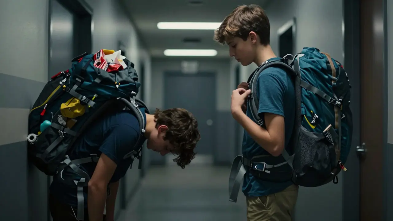A teen with good posture wearing a supportive backpack, beside another hunched under an oversized bag.