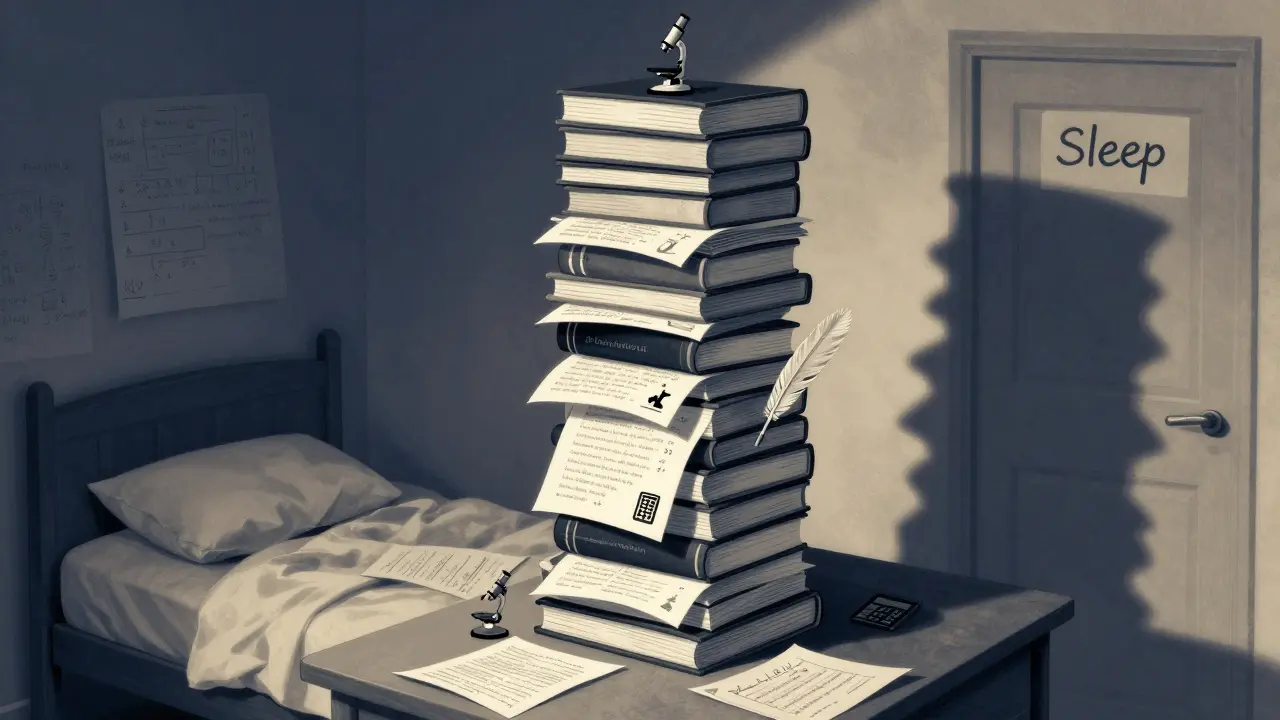 A towering pile of schoolwork representing weekly homework by subject, casting a shadow over a bed.