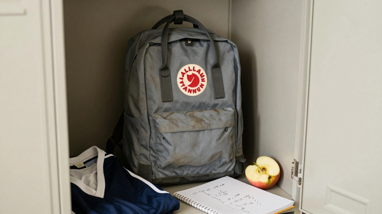 A well-used Fjällräven Kånken backpack on a locker shelf with school items, showing signs of daily wear over years.