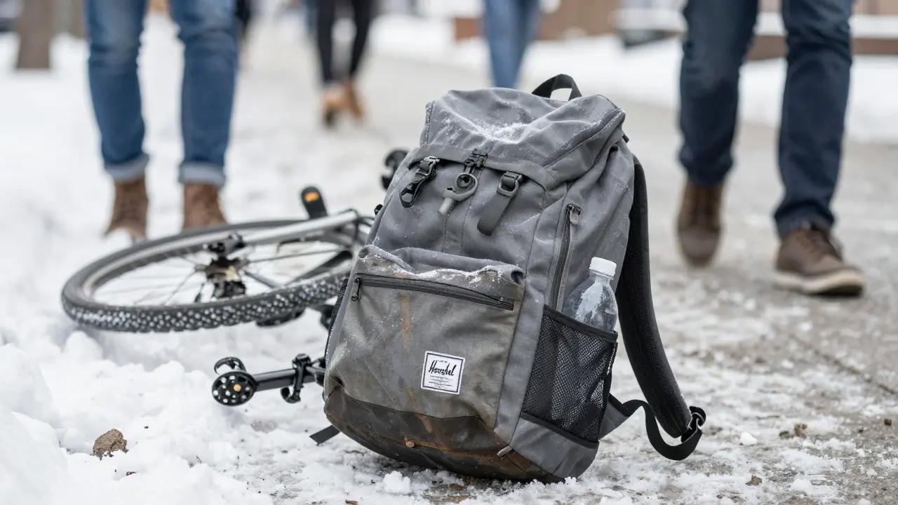 A worn Herschel backpack on a snowy sidewalk after a bike accident, still functional and intact.