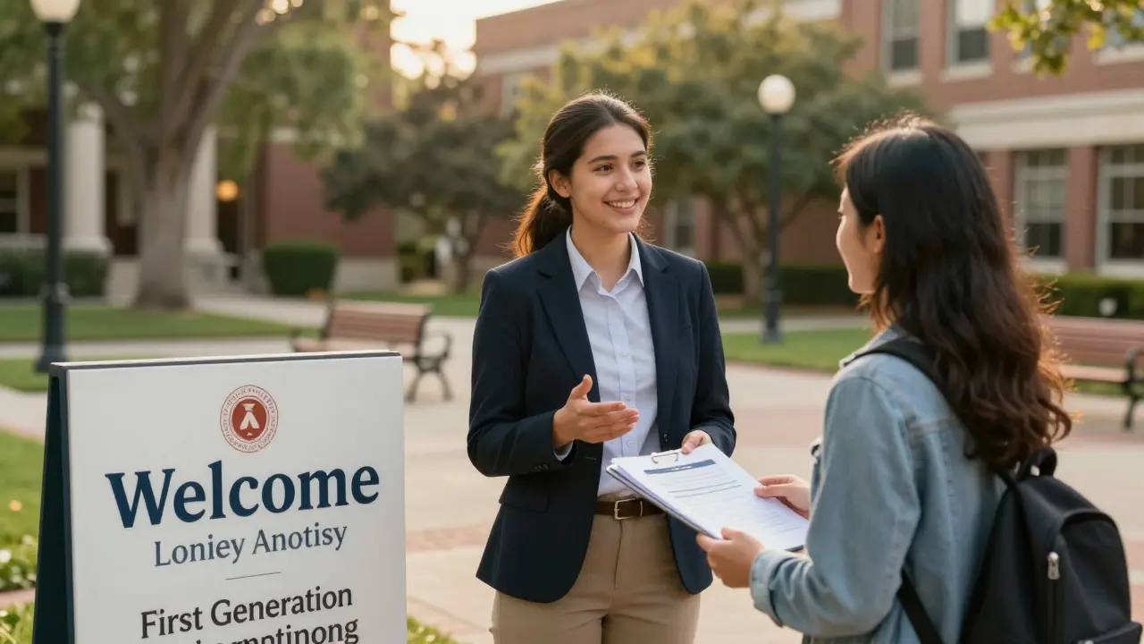 Admissions officer speaking with a first-generation student on campus