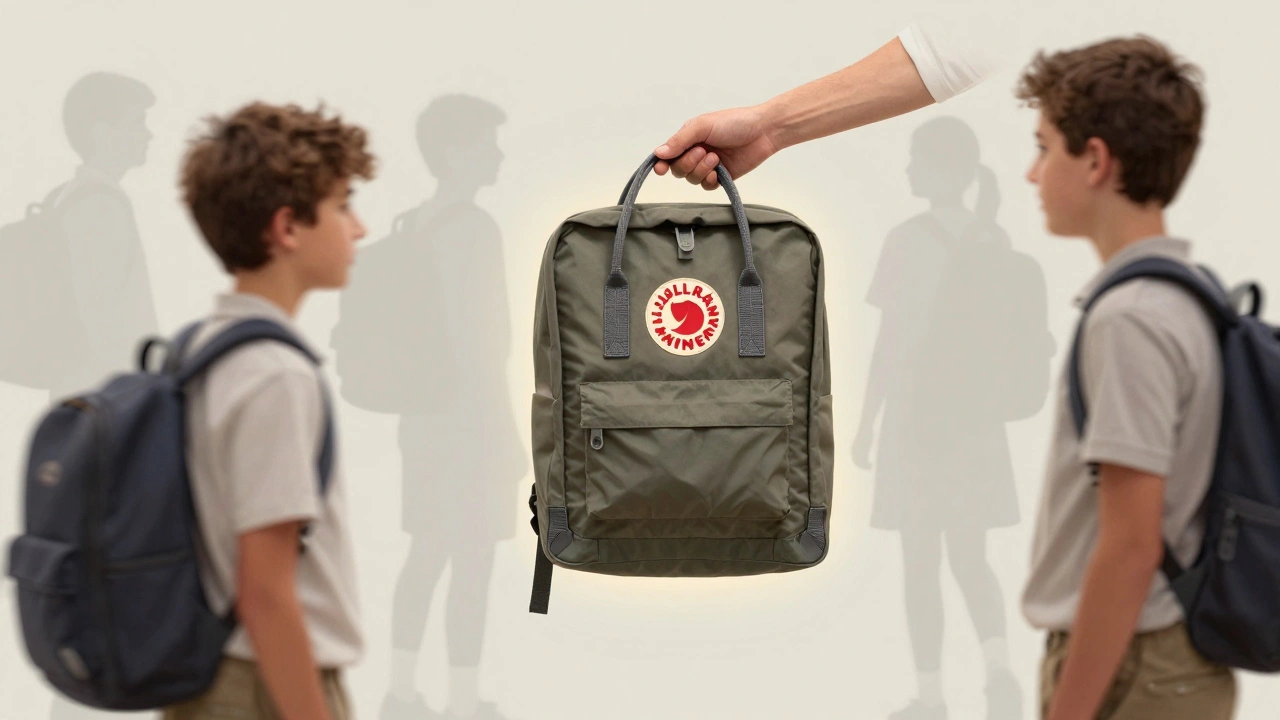 An adult handing a Fjällräven Kånken backpack to a teen, symbolizing generational reliability and lasting quality.