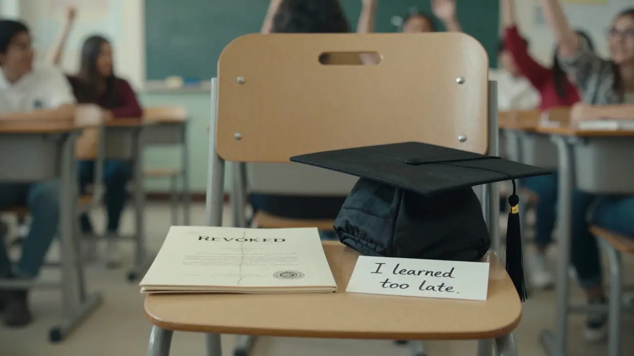 An empty graduation chair beside a revoked diploma, with a handwritten note, under soft melancholic light.