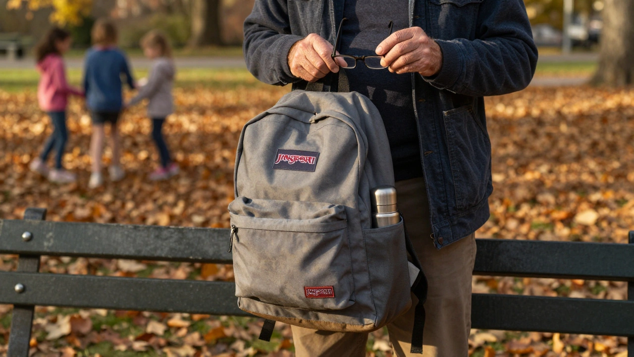 An older man with a worn but functional JanSport backpack at a park.