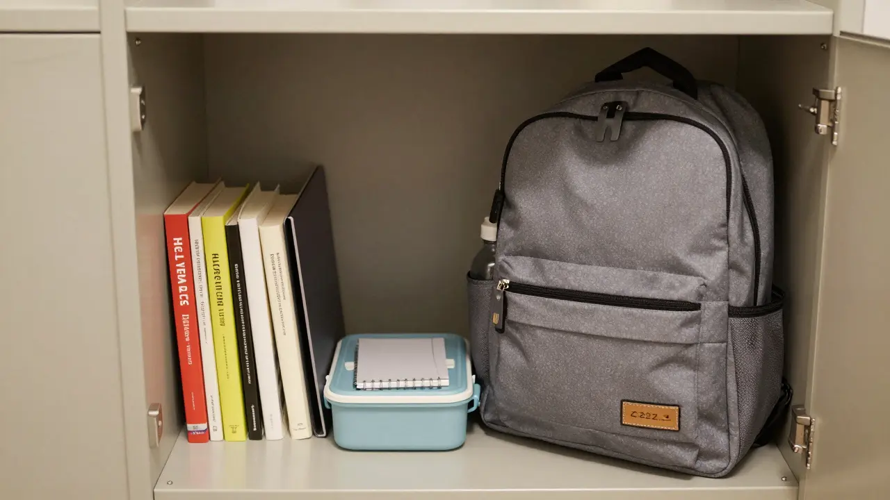 An open backpack with neatly organized textbooks, laptop, and supplies on a locker shelf.