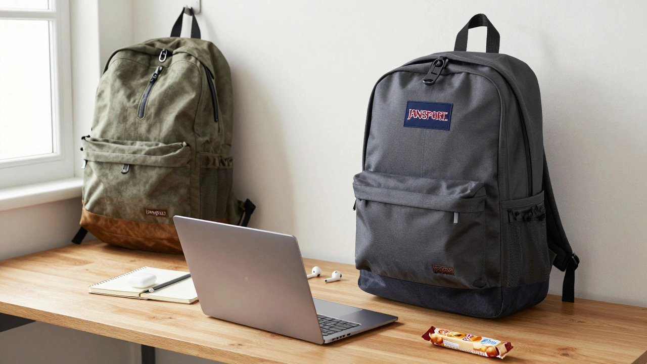 An open small backpack on a desk contains a Chromebook, notebook, and snacks, next to a broken oversized backpack.